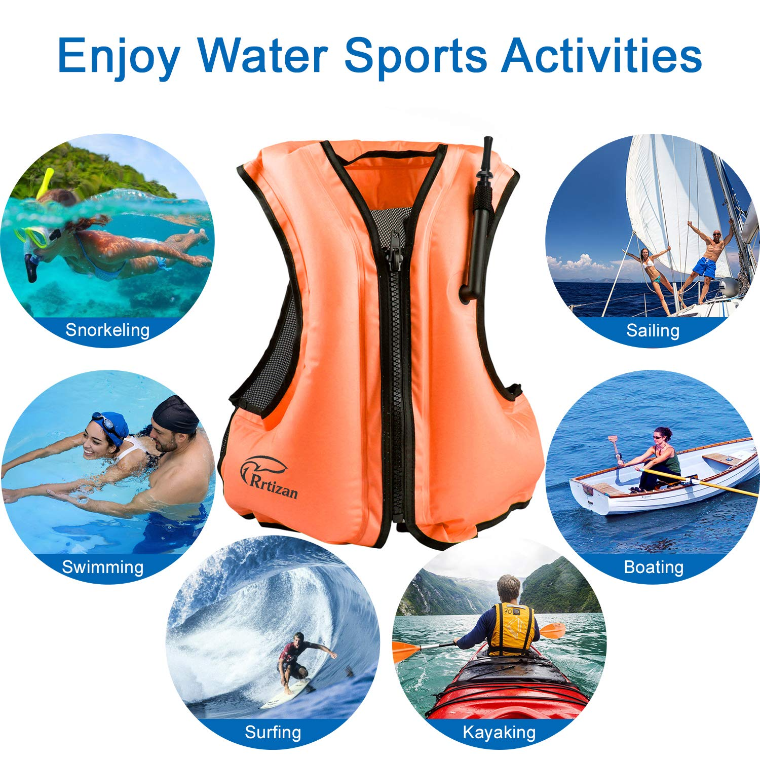 Rrtizan Adults Inflatable Swim Vest, Portable Snorkel Vest for Men/Women, Buoyancy Aid Jackets, Orange, L/XL