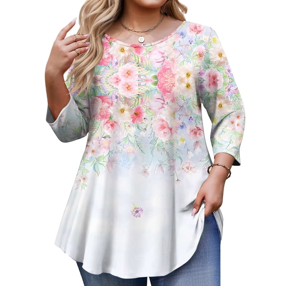 AzureSilk Plus Size Tops for Womens 3/4 Sleeve Tunic Tops Casual Loose Fit Swing Fall Winter T Shirts Blouse Basic Shirts Women's Plus Size, Sizes L-5XL