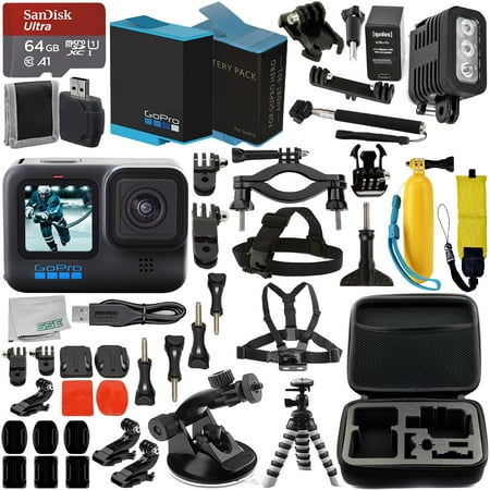 SSE GoPro HERO10 (Hero 10) Black with Premium Accessory Bundle: SanDisk Ultra 64GB microSD Memory Card, Replacement Battery, Underwater LED Light with Bracket, Water Resistant Protective Case & More