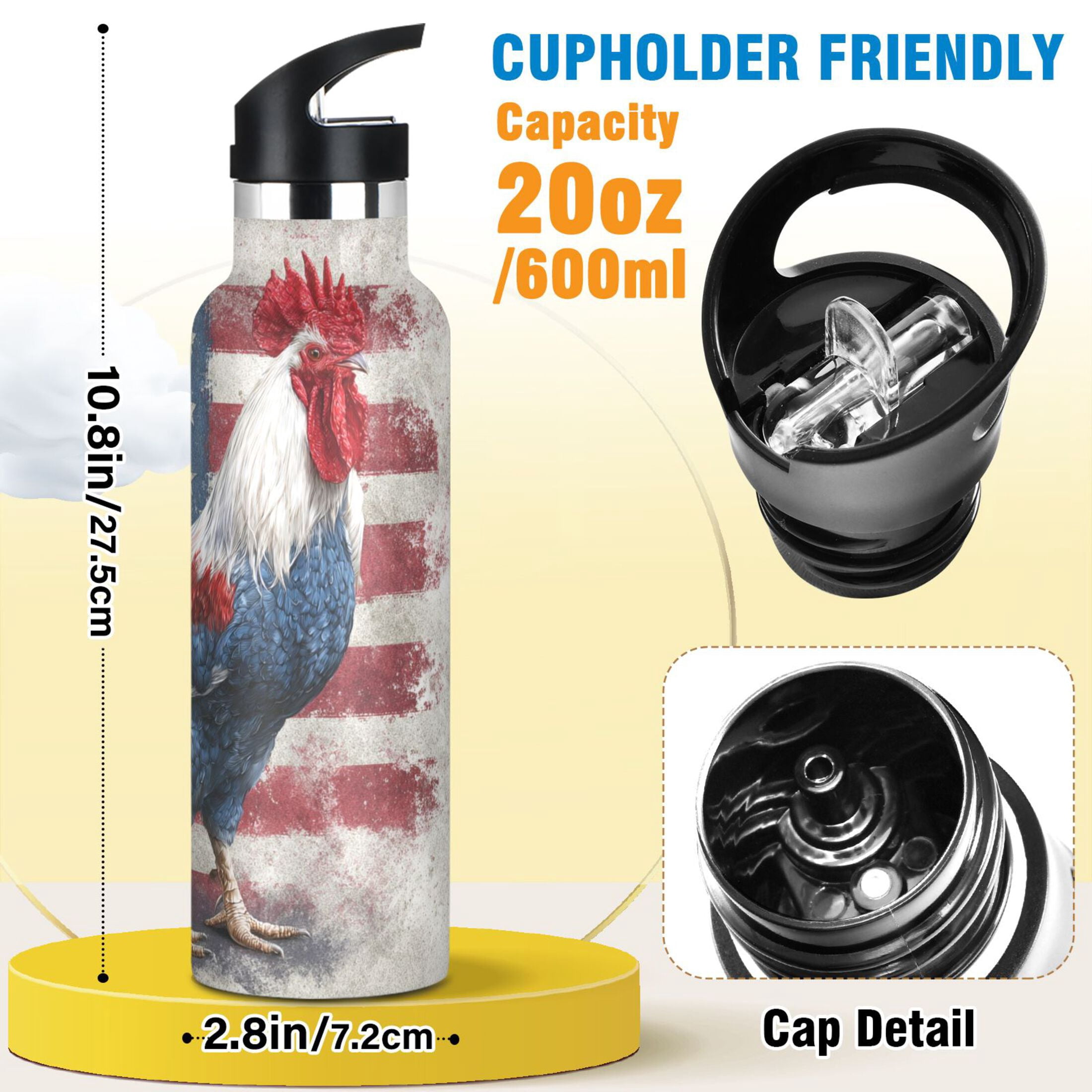 Kids Insulated Stainless Steel Sports Water Bottle 600ml Red White and Blue Rooster