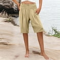 thumbnail image 5 of Bloomae Linen Shorts for Women Smoked High Waisted Elastic Waist Wide Leg Bermuda Shorts Loose Comfortable Casual Summer Short Pants with Pockets Khaki M, 5 of 8