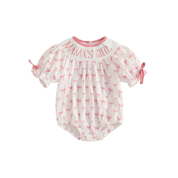 aturustex Toddler Baby Girl Bubble Romper 0 3M 6M 12M 18M 24M Infant Short Sleeve Smocked Bodysuits Jumpsuits Round Neck Rompers Letter Embroidery Bow Spring Summer Outfits for Holiday Party