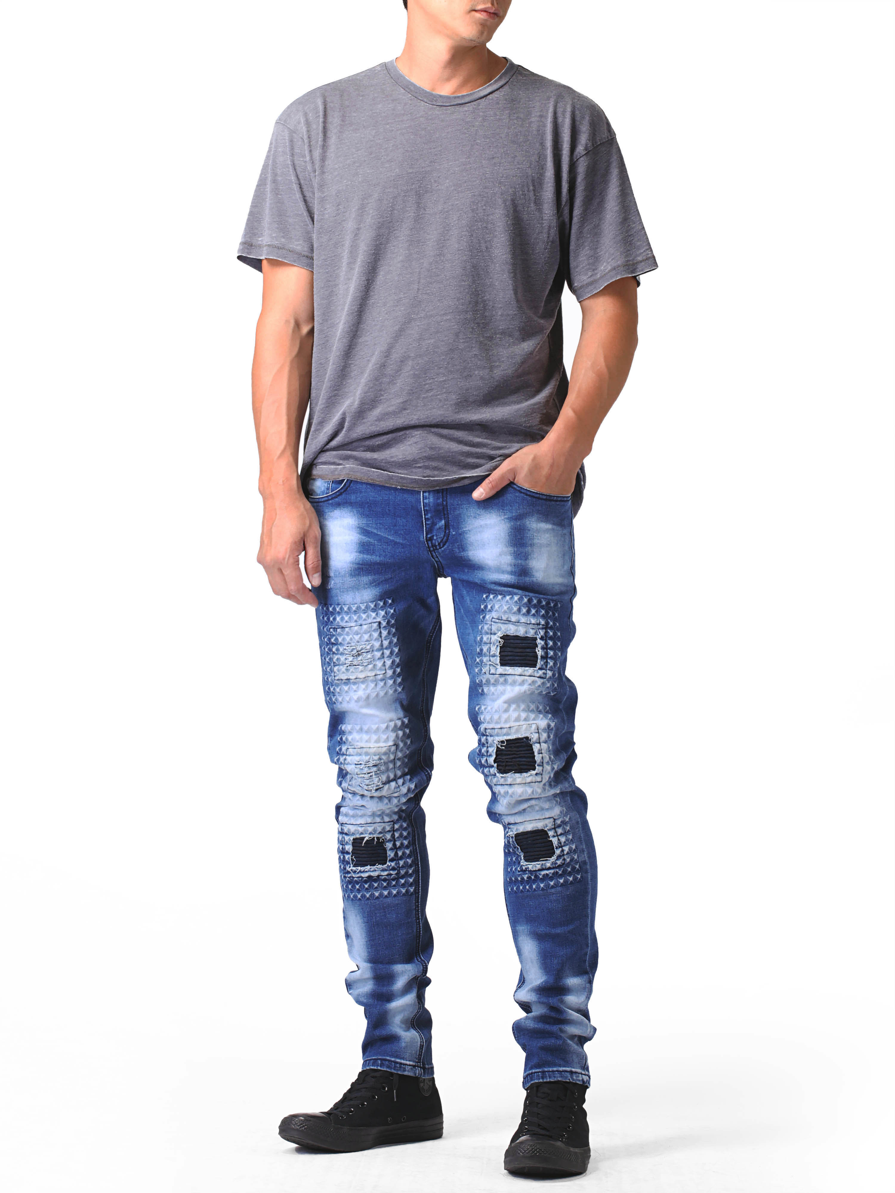 Ma Croix Mens Faded Washed Slim Biker Denim Jeans - image 2 of 6