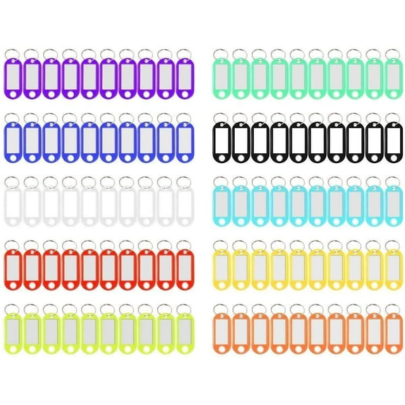 100 Pack Tough Plastic Key Tags with Label Window ID Luggage tag with Split Ring Key Ring Keychain,10 Colors