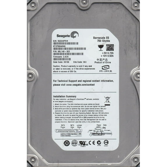 ST3750640NS, 5QD, WU, PN 9BL148-303, FW 3.AEK, Seagate 750GB SATA 3.5 Hard Drive