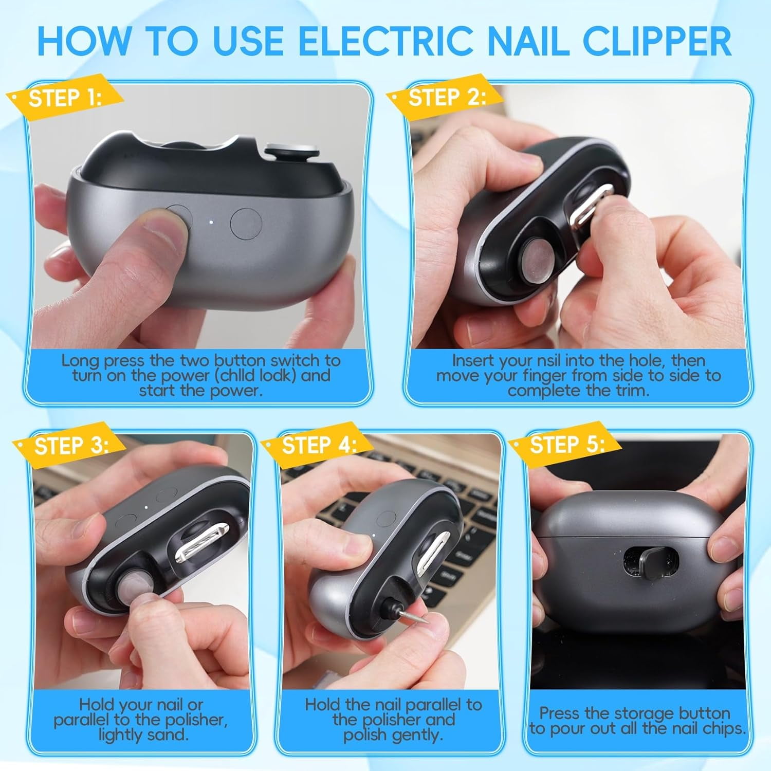 Aorsher 3 in 1 Electric Nail Clipper, 2 Speeds Automatic Nail Clipper with Clip Storage and LED Light, USB Rechargeable Electric Nail Clipper for Kids, Seniors and Adults