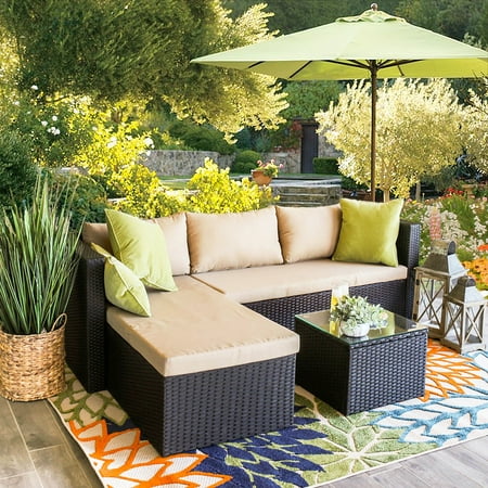 World Market Outdoor Sectional Barton 3PC Outdoor Rattan Sectional Sofa Patio Wicker with Coffee Table Set with Beige Cushions ()