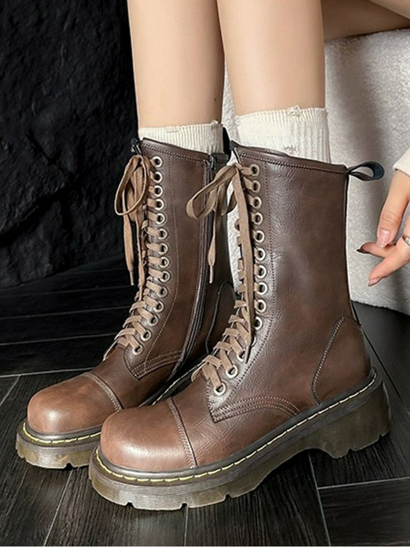 Frontwalk Ladies Combat Boot Side Zip Booties Lace Up Leather