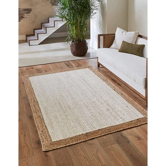 Ripaz Vogue Rug Natural Jute Hand Braided Rectangle Runners Area Rug, White with Beige Border (2X3 Ft)