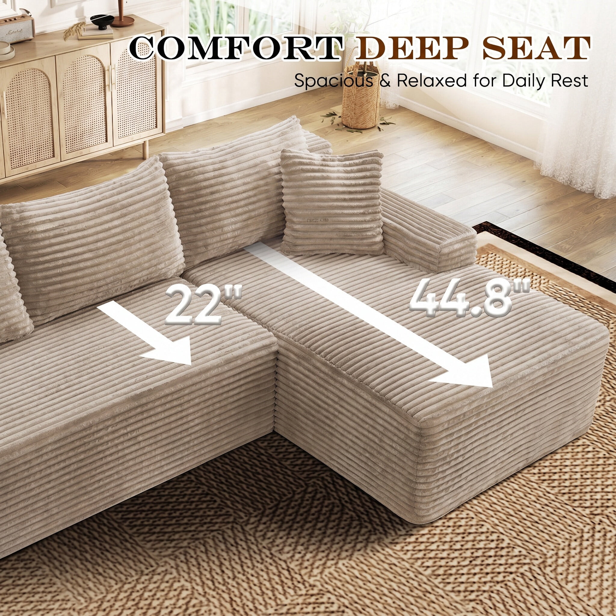 Lunale Small Modular Sectional Sofa with Movable Chaise, L-Shaped Boneless Cloud Couch for Living Room, Camel (Right Facing Chaise)