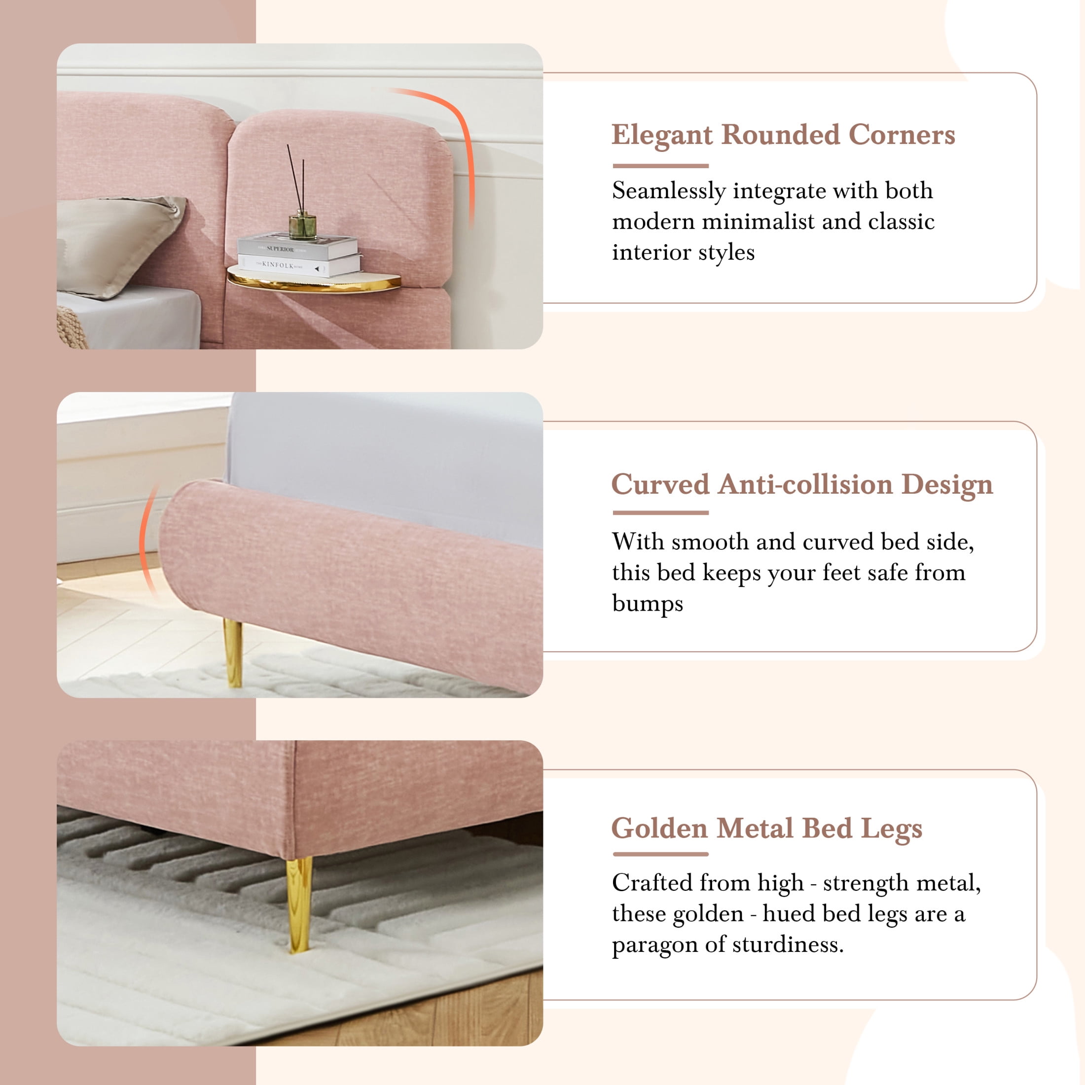 Christopher Knight Home King Size Upholstered Platform Bed Frame with Headboard and Nightstands, Pink