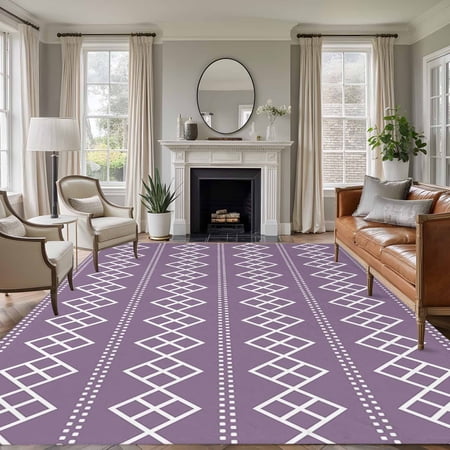 Rectangle Rug 6x9ft Area Rug Geometric White Purple Square Dot Area Rugs for Living Room Bedroom Modern Abstract Check Texture Floor Mat Non-Slip Non-Shedding Carpet Indoor Accent Rugs