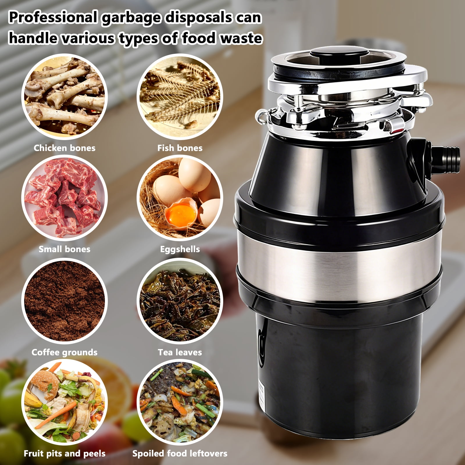 Arcticwind Food Waste Disposer,Garbage Disposal Continuous Feed Food Waste Disposer,Stainless Steel Food Waste Grinding System Anti-Jam,Ultra-Quiet,Power Cord Included,Black stainless steel version