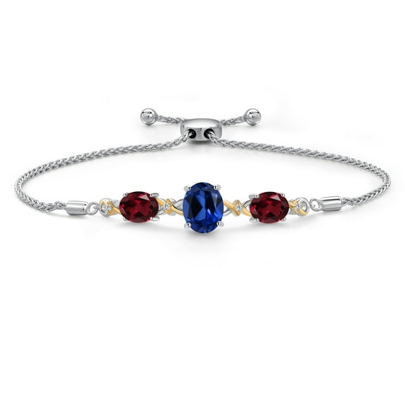 925 Silver & 10K Yellow Gold Blue Created Sapphire Red Rhodolite Garnet & Lab Grown Diamond Bracelet for Women | 6.06 Cttw | September Birthstone | Oval 10X8MM and 8X6MM | Fully Adjustable 9 inch