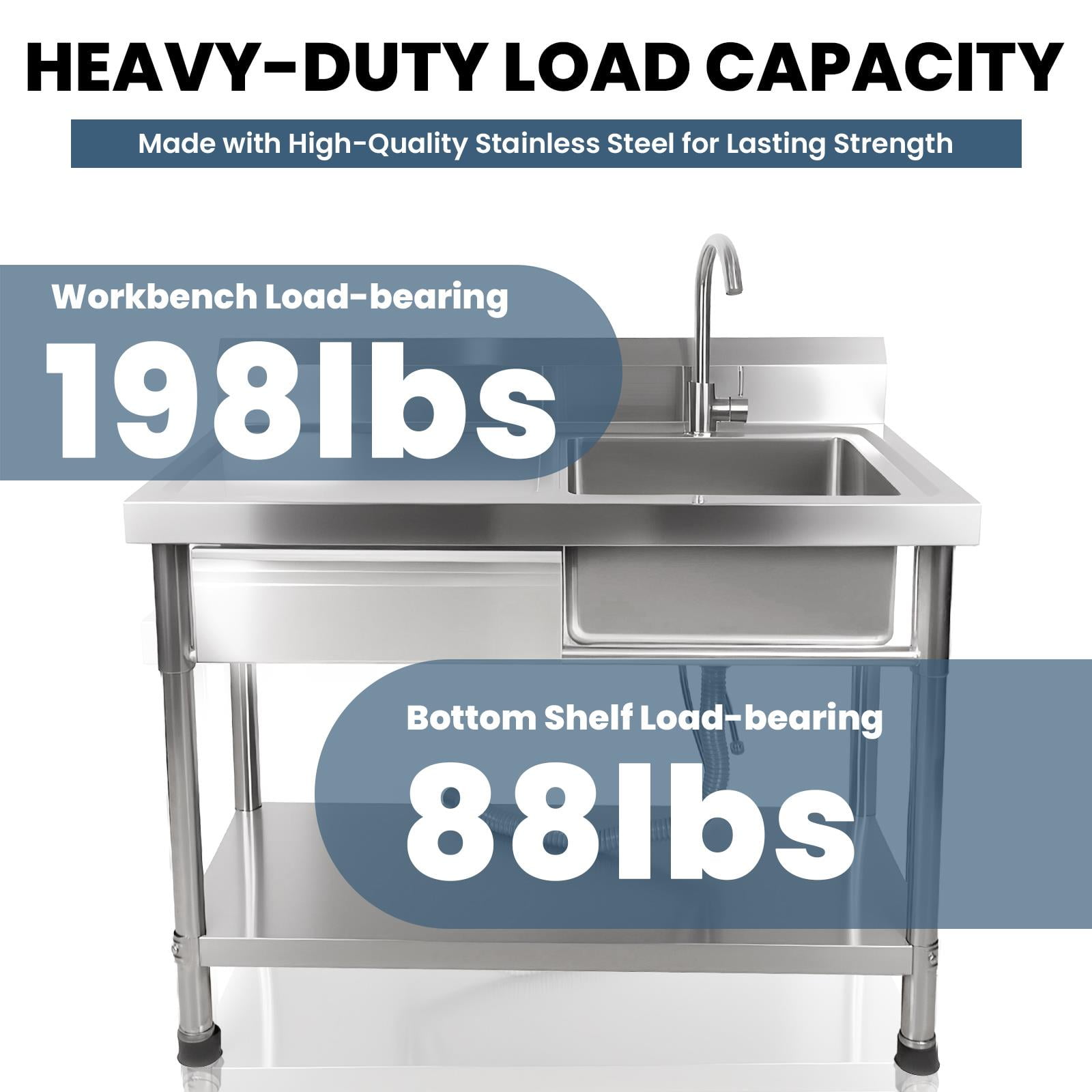 Stainless Steel Utility Sink, 40 Inch Commercial Kitchen Sink, Freestanding Single Bowl Laundry Sink with Drawer & Cold and Hot Water Pipe for Indoor Outdoor Farmhouse