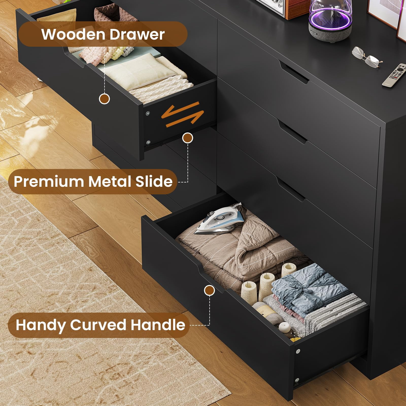 8 Drawers Double Dresser for Living Room, Closet, Hallway, Entryway,Black Dresser for Bedroom, Modern Wood Chest of Drawers 8 Drawer Dresser with Large Capacity