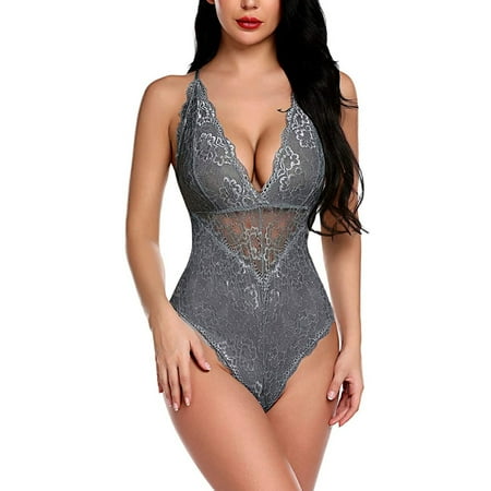 

Fengqque Ladies Lingerie Sexy Lace Bodysuit Deep V Oe Lace Babydoll