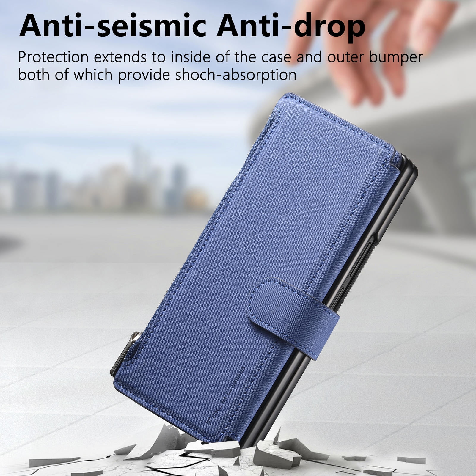 Allytechgroup for Samsung Galaxy Z Fold 3 Flip Case, Support Wireless Charging Anti-Scratch Built-in Grip Ring Shock-Absorbent PU Leather Protective Cover for Samsung Galaxy Z Fold 3, Blue