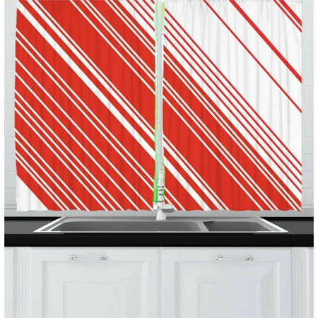Candy Cane Curtains 2 Panels Set, Diagonal Barcode Patterned Lines on White Background Abstract Geometric Design, Window Drapes for Living Room Bedroom, 55W X 39L Inches, Red White, by