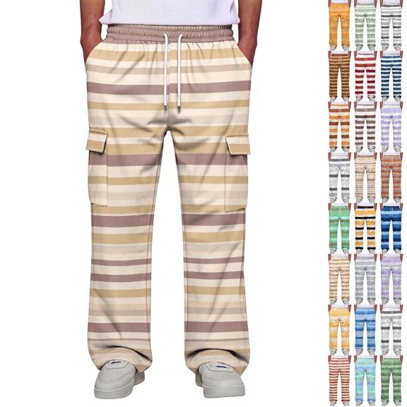 GrmtClth Mens Cargo Pants Wide Leg Striped Joggers Multi Side Pockets Elastic Waist Daily Lounge Sweatpants Beige 3XL
