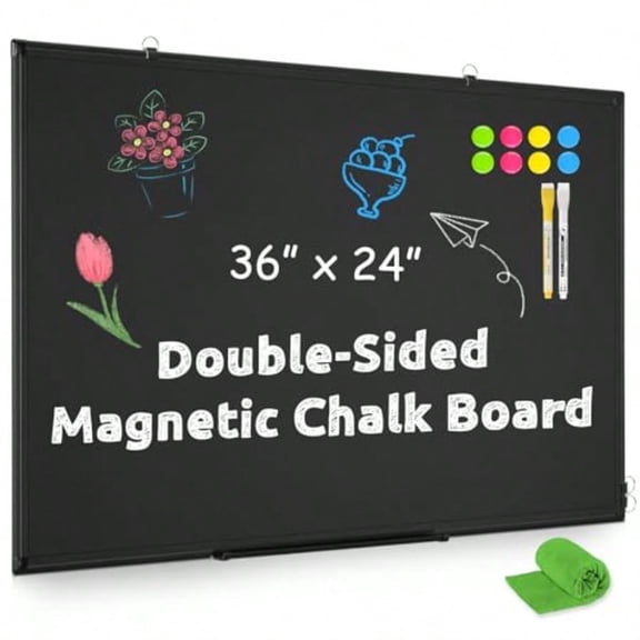 Magnetic Chalk Board 36x24 Black Chalkboard Double-Sided Dry Erase Board Magnetic Blackboard for Wall Black Framed Small Chalk Board Home School Office Kitchen