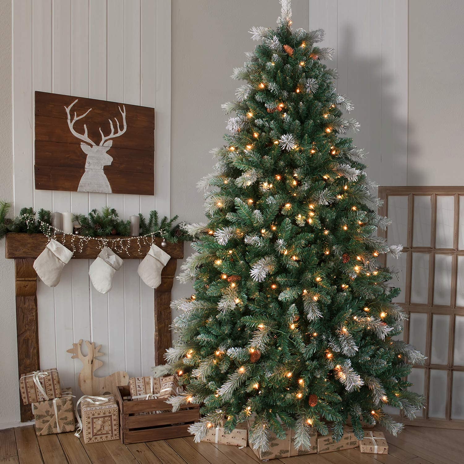 Prelight Artificial Pine Xmas Tree OasisCraft Snow Flocked Christmas Tree 6.5 Ft with 350 Light