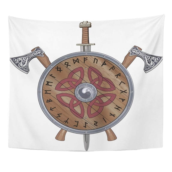 UFAEZU Two Viking Axe Sword End Shield Decorated Scandinavian Runes and Ornamental Wall Art Hanging Tapestry Home Decor for Living Room Bedroom Dorm 51x60 inch