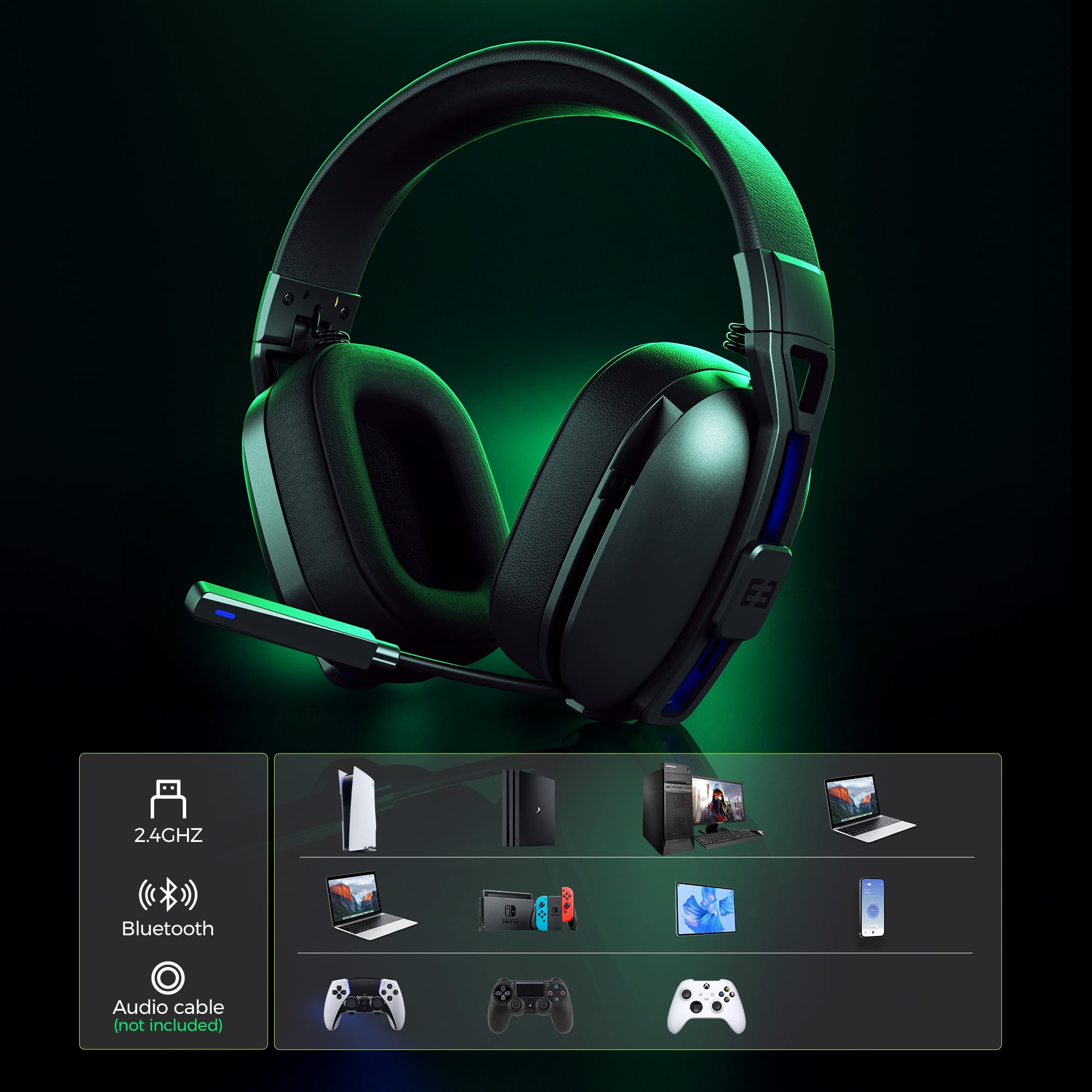 Seenda Wireless Gaming Headset for PC PS4 PS5, 2.4G USB Gamer Headphones with Embeddable Microphone