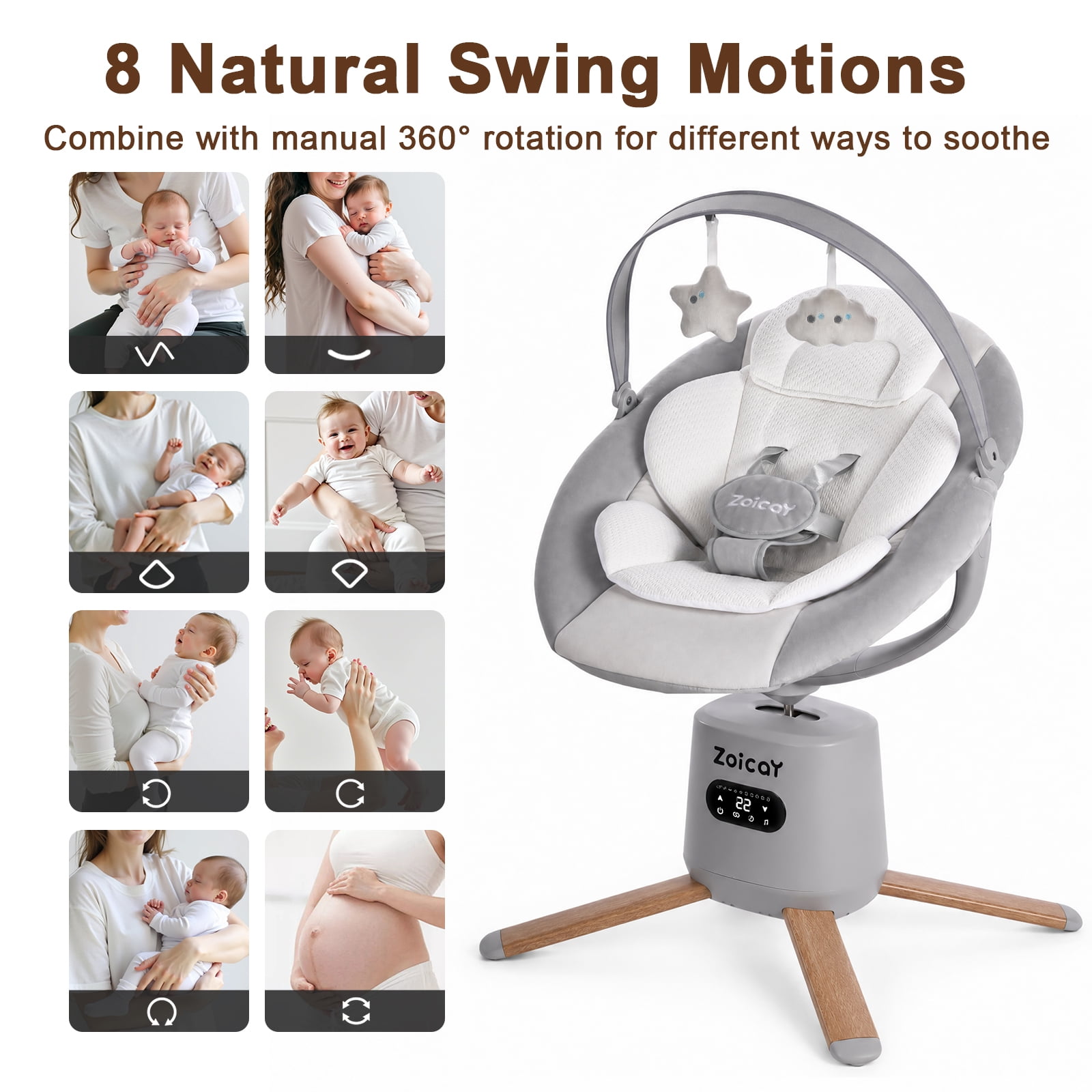 Zoicay Baby Swing with 5-Point Safety Harness, 8 Motions & 8 Speeds, 360° Rotatable Seat, Bluetooth & 6 Preset Melodies, App Remote Control, Gray