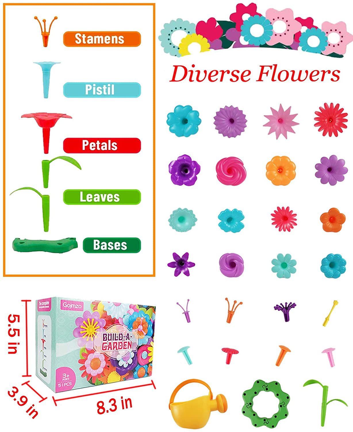 Toys for 3 4 5 6 Year Old Girls Preschool Activities Christmas & Birthday Gifts for Toddlers and Kids Flower Garden Building Toys 51 PCS 