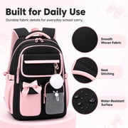 Girls School Backpack,Laptop Bookbag with Trolley Strap,Lightweight School Bag with Bow & Pom-Pom,Elementary Middle School Girls Backpack