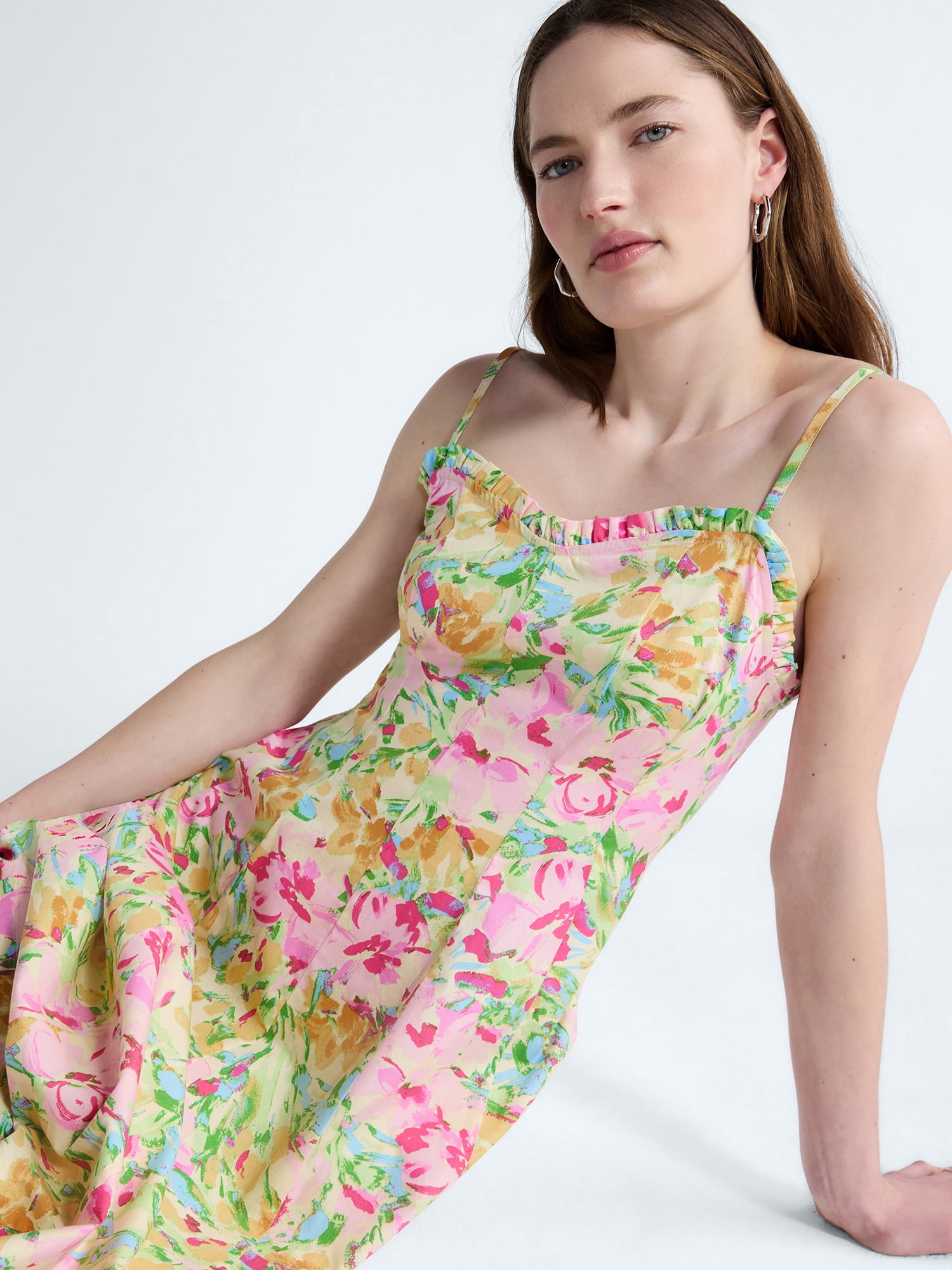 Free Assembly Women's Cotton Panel Midi Dress with Sweetheart Neckline, Sizes XS-XXL