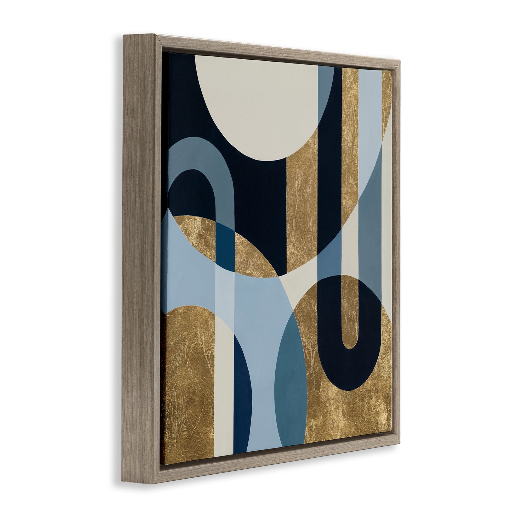 Stupell Industries Gold & Blue Circular Shapes Abstract Painting Brown Floater Framed Canvas Art Print Wall Art, 25 x 25