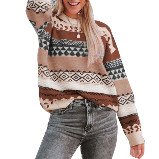 Suéter de mujer de manga larga con bloques de Color y cuello redondo, Jersey suelto, Top de punto para invierno y otoño, color caqui XL