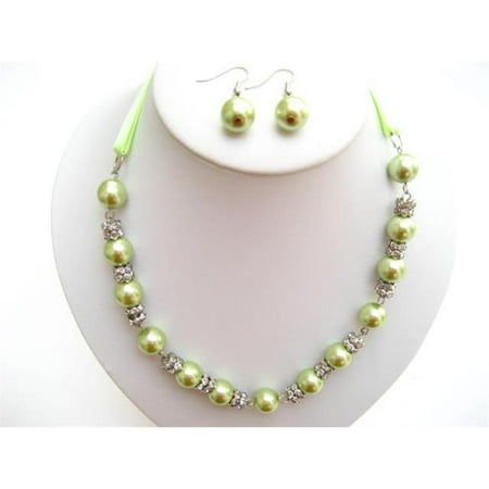 Alur Jewelry 18655LG 18 in. Pearl Ribbon Necklace and Earring set in Lime Green