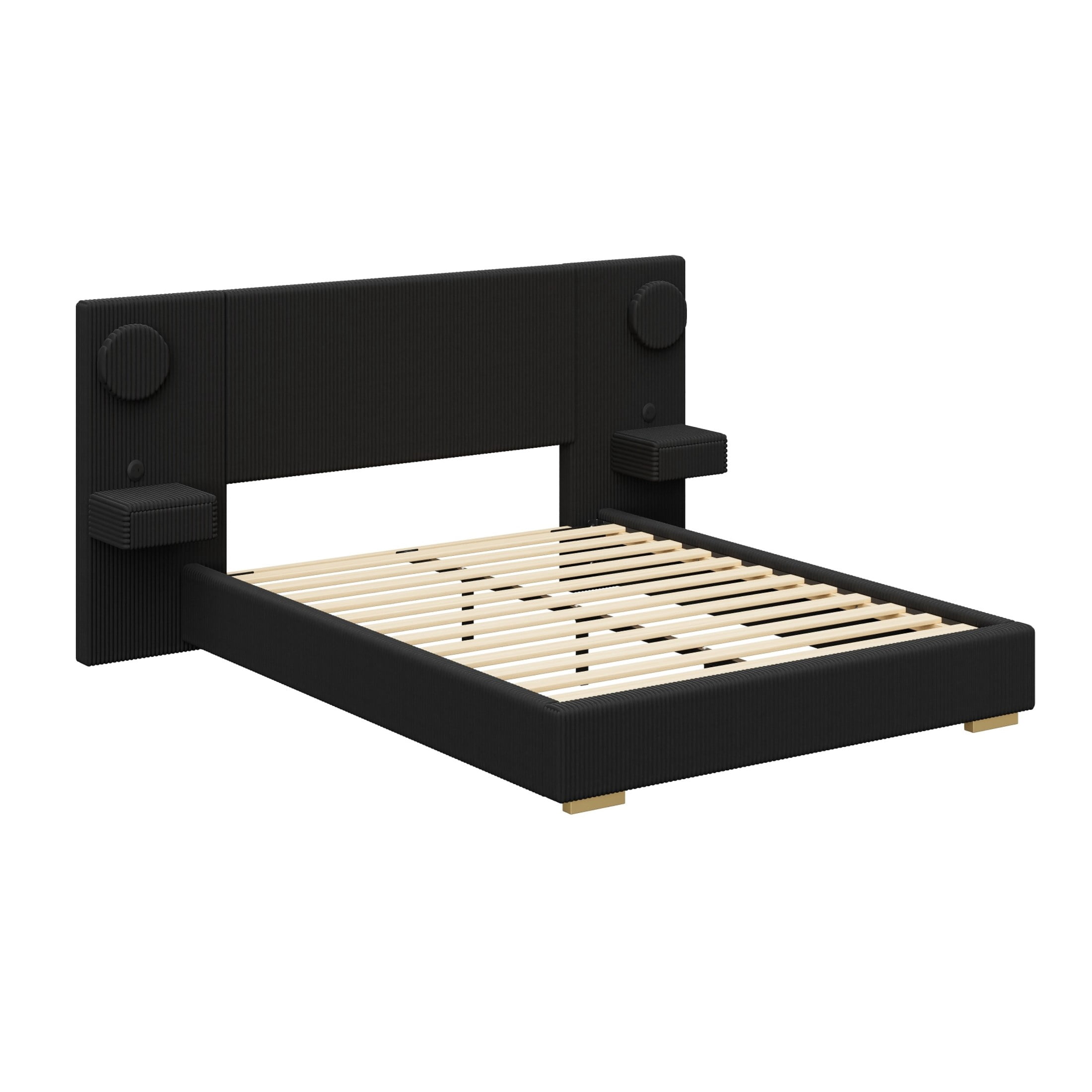 Noble House Dellas Queen Size Upholstered Platform Bed with LED Lights, Charging Ports & Side Storage Drawers, Black
