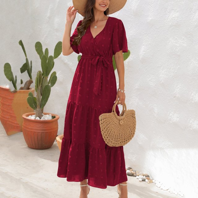 Ovzne Robes pour Femmes Robe Mode Été Décontractée Col en V Manches Courtes à Volants Robe Unie Grande Taille Robe Manches Courtes en Solde