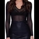 thumbnail image 2 of Camisa de con Cuello en V y Larga para Mujer, Color Liso, Transparente, Elástica, Ajustada. Negro S, 2 of 6