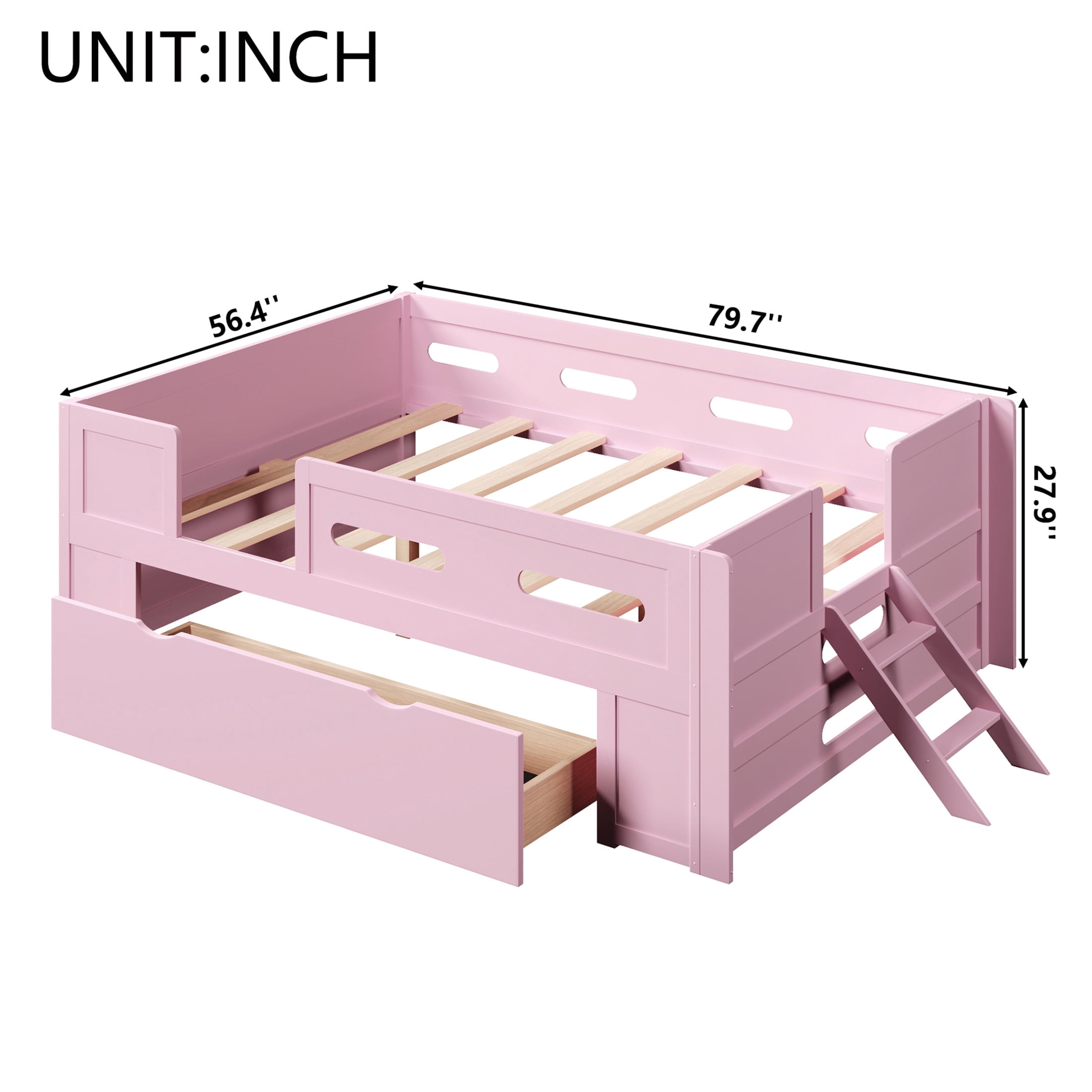 Noble House Genrix Full Size Pine Wood Platform Bed with Guardrail and Storage Drawer, Kids Bed Frame, Pink