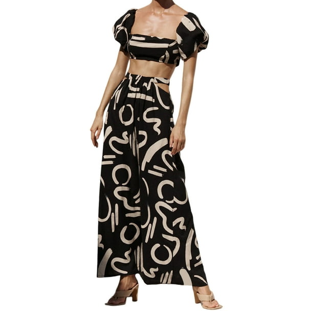 Faldas largas Mujeres Crop Top + Faldas 2 piezas Impreso Off Shoulder Top + Faldas Conjunto de playa (Negro M) Ygjytge Negro T M para Mujer
