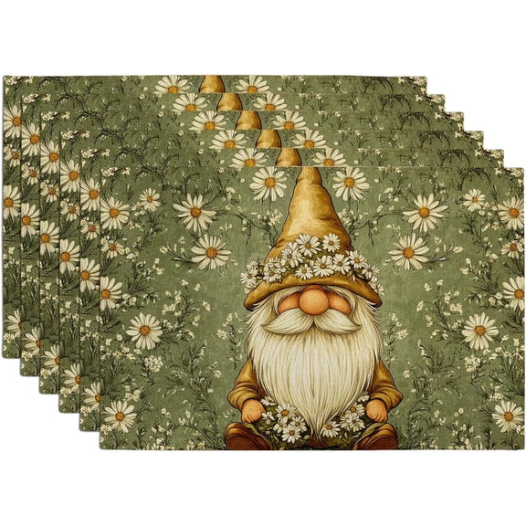 Spring Summer Gnome Placemats, Green Floral Table Mats for Dining, Non-Slip Washable Indoor Outdoor Decorative Tableware Set of 6