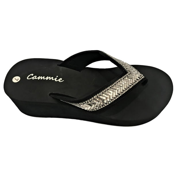 Cammie Women Platform High Wedge Rhinestone Bling Slides Flip Flops