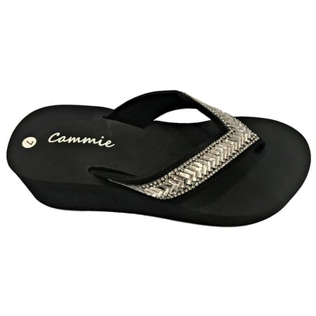 Women Platform High Wedge Rhinestone Bling Slides Flip Flops Thong Sandals Black