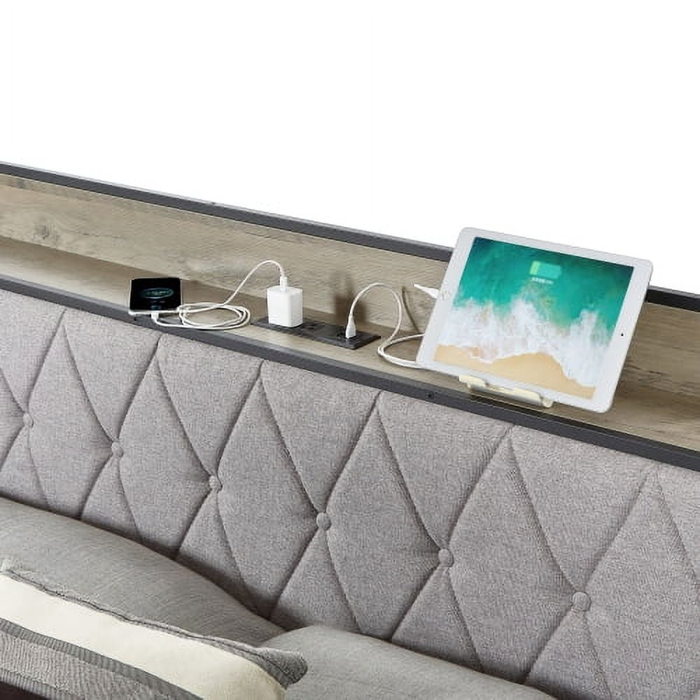 BSHTI Bed Frame with Charging Station Full Size, Grey, 83.1'' L x 56.1'' W x 39.2'' H.