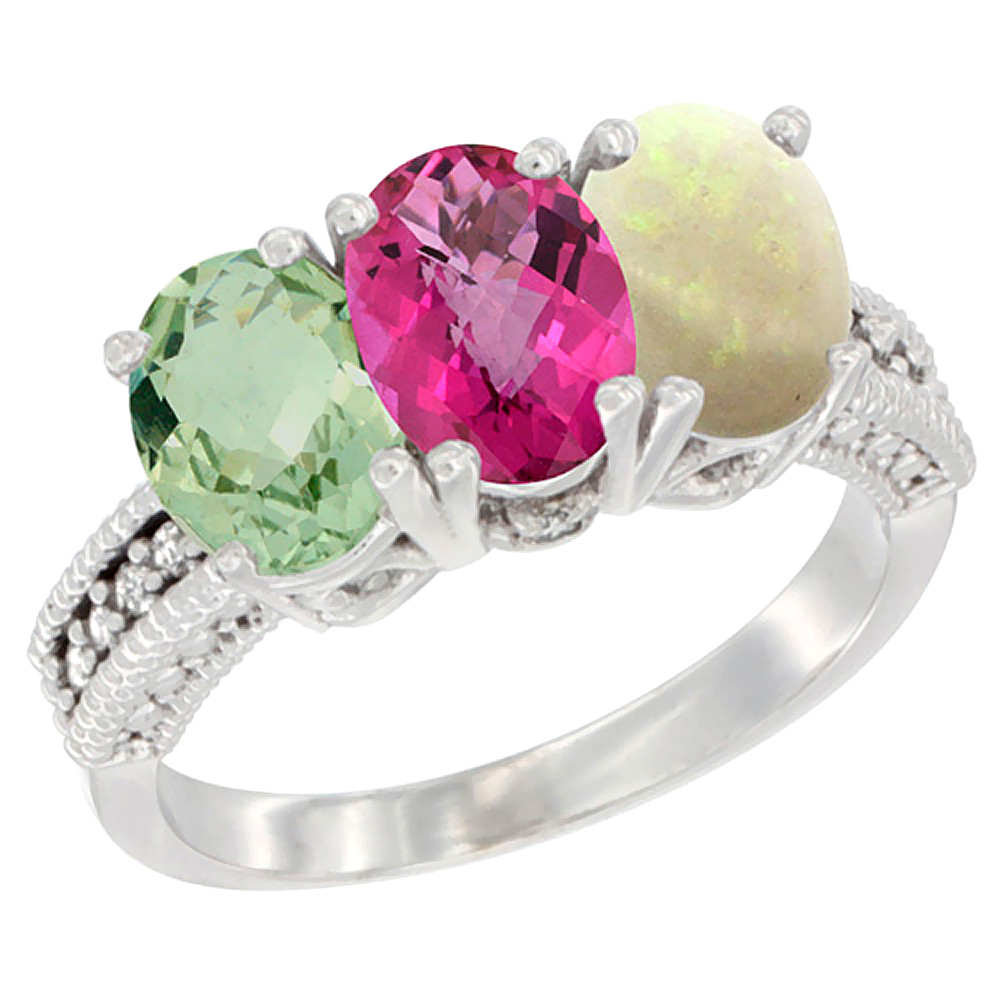 10K White Gold Natural Green Amethyst, Pink Topaz & Opal Ring 3-Stone Oval 7x5 mm Diamond Accent, sizes 5 10 by WorldJewels