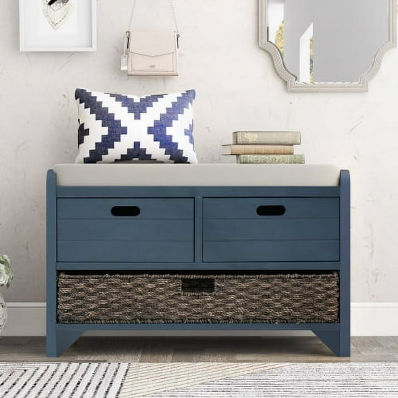 Solid Wood Storage Bench, Narrow Entryway Bench with 2 Drawers and Removable Basket, Classic Accent Shoe Bench with Storage and Removable Cushion for Hallway Living Room, Fully Assembled, Navy