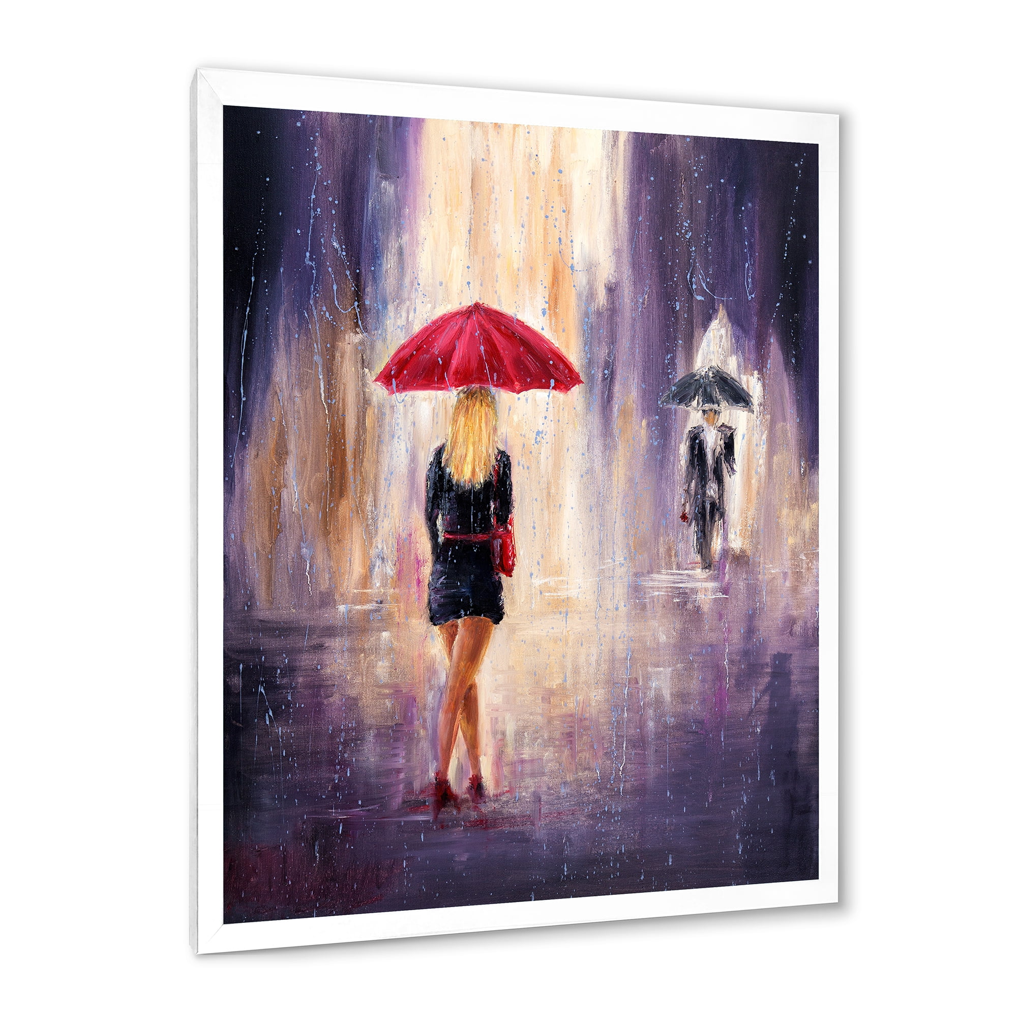 Designart 'The Girl With The Umbrella Walking In The Rain II' French Country Framed Art Print