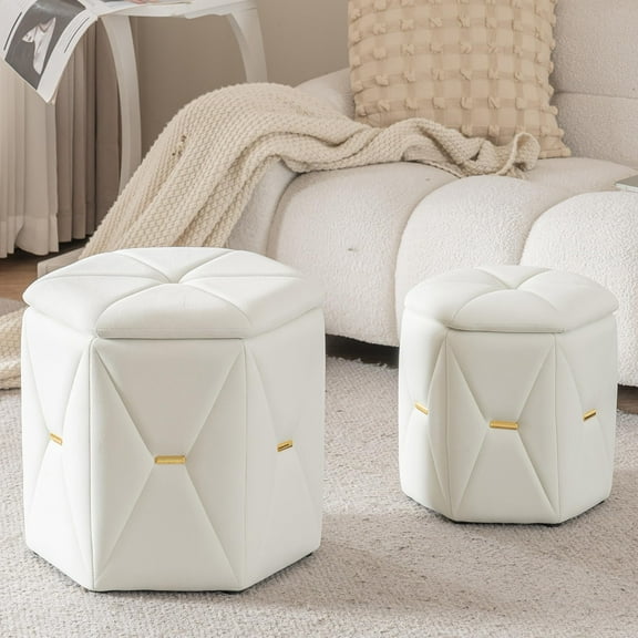 Modern Storage Ottoman Set of 2, Upholstered Velvet Stool with Removable Lid, Foot Rest Stool for Living, Bedroom, Dressing Room, Ivory