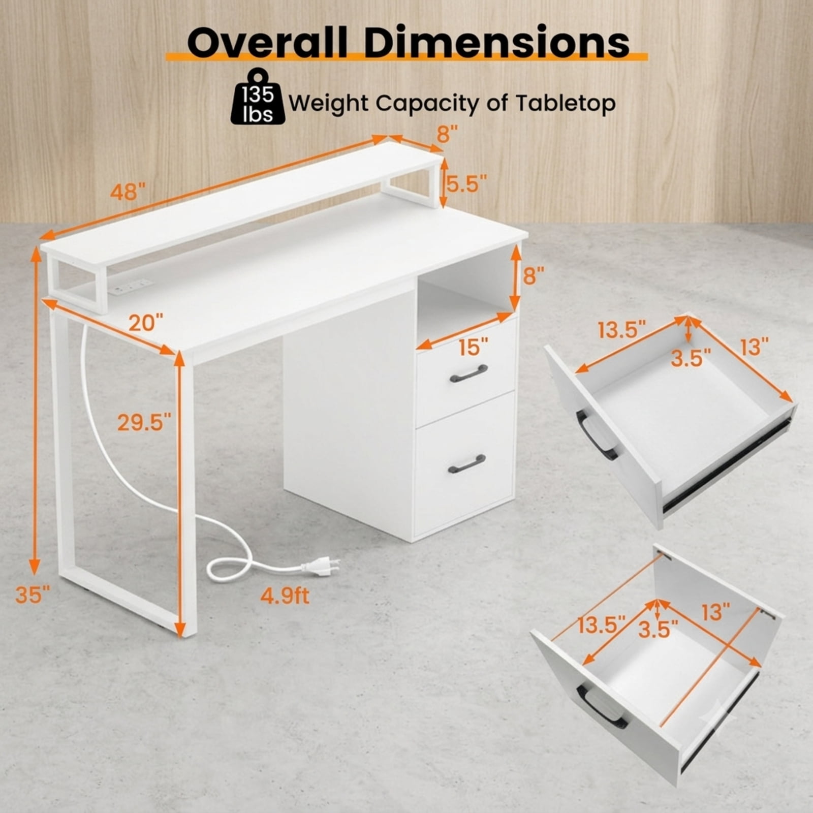 Furnibear Computer Desk with Power Outlets and File Drawer, Modern Home Office Desk with Monitor Stand and Metal Frame for Study Room, White