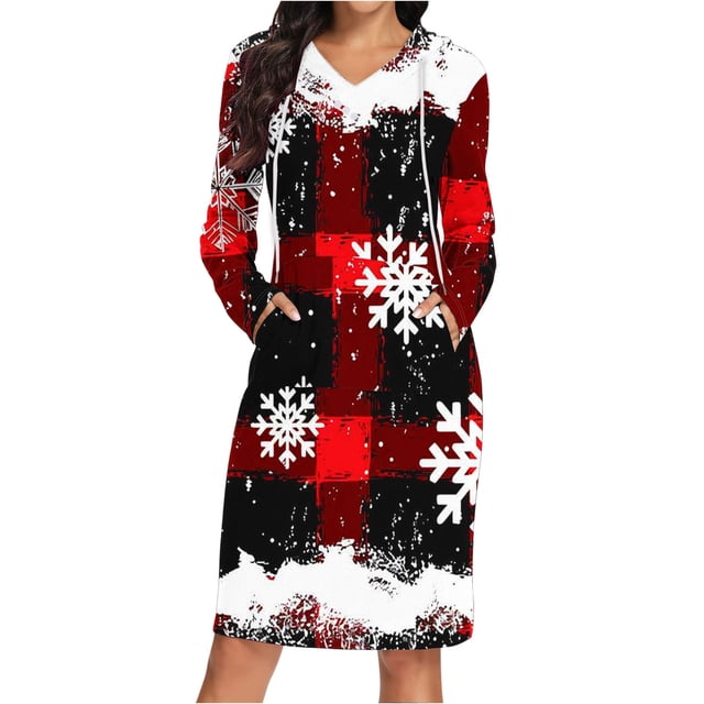 TIMIFIS Robe Chandail à Capuche Longue Décontractée pour Femme, Robe de Noël Laide, Robe à Capuche Légère à Manches Longues avec Poche